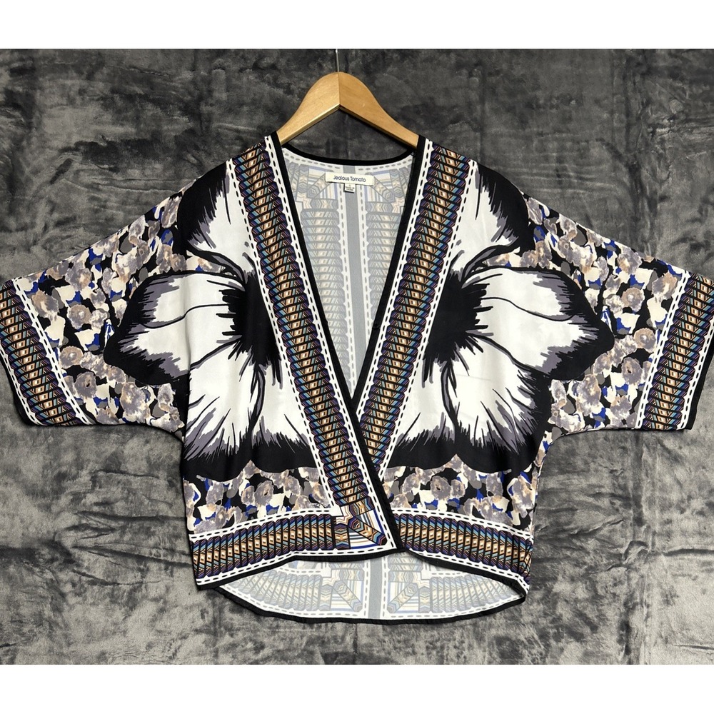 Jealous Tomato Women's Small Floral Southwestern Print Kimono Mock Wrap Top Boho